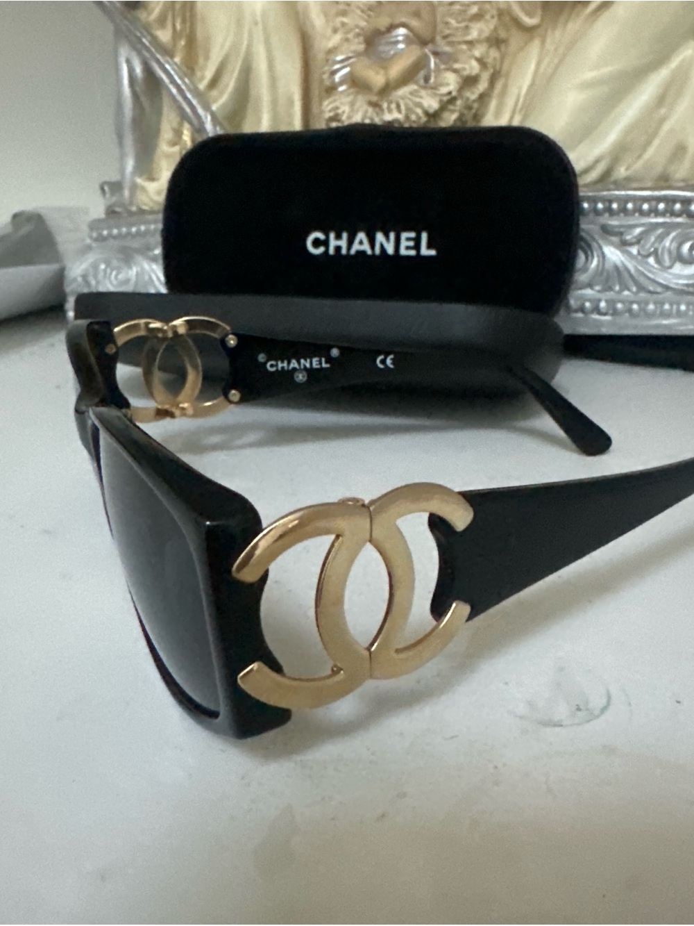CHANEL Black Sunglasses with Gold CC Emblem